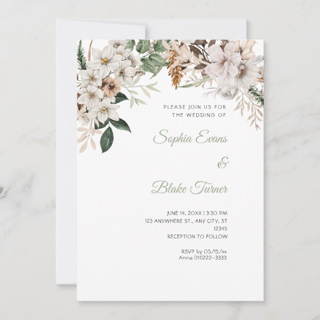 Invitación Boda Bohemio de Flores Blancas de Invierno Blanco (Anverso)