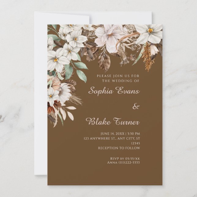 Invitación Boda Bohemio de Flores Blancas Otoño Marrón Oscuro (Anverso)