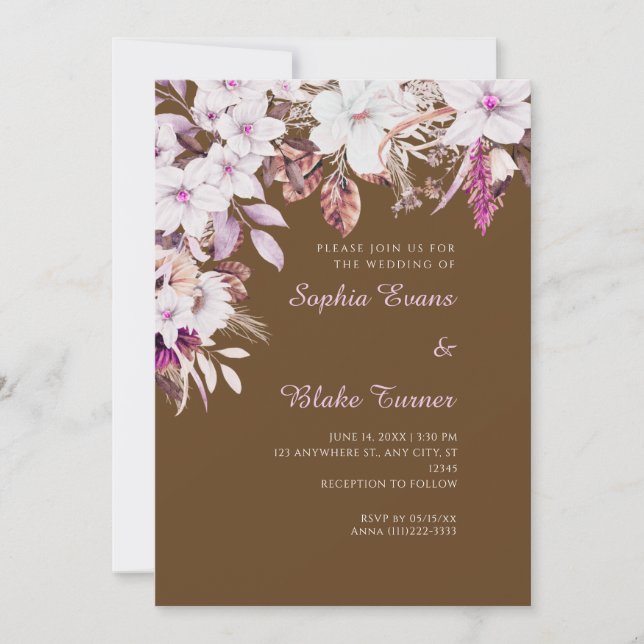 Invitación Boda Bohemio de Flores Blancas Otoño Marrón Oscuro (Anverso)