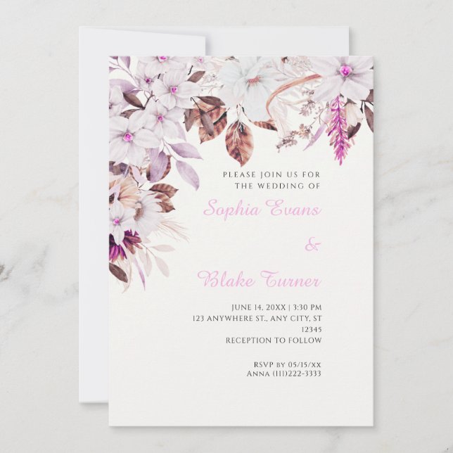 Invitación Boda Bohemio de Flores Blancas y Rosadas Otoño Bla (Anverso)