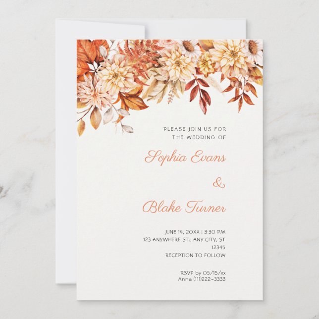 Invitación Boda Bohemio de Flores Marrones en Invierno sobre  (Anverso)