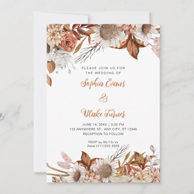 Invitación Boda Bohemio de Flores Marrones y Blancas (Anverso)