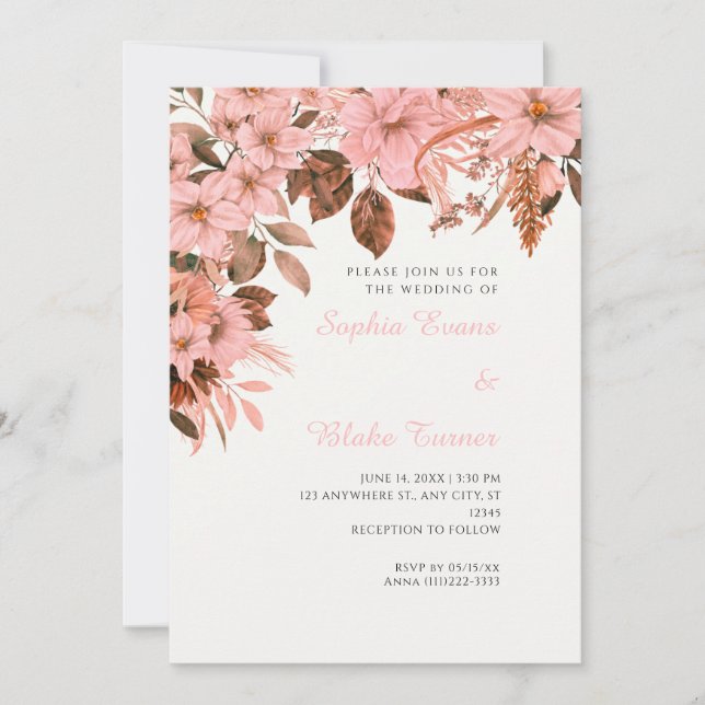 Invitación Boda Bohemio de Flores Rosadas Otoño Blanco (Anverso)