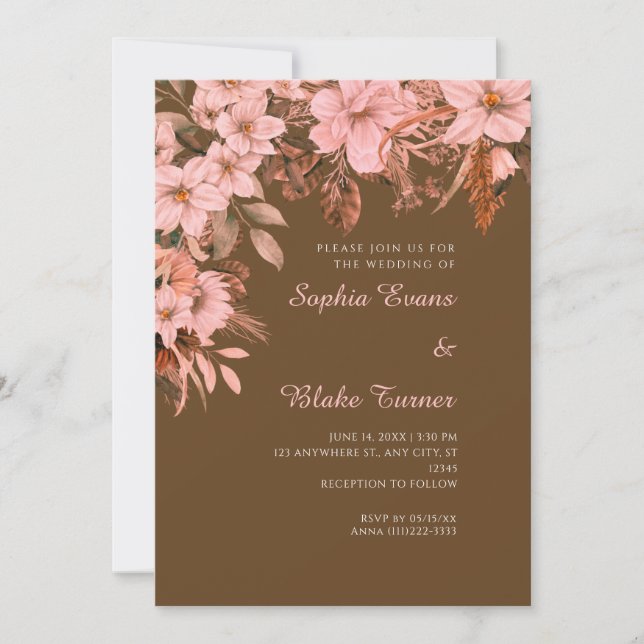 Invitación Boda Bohemio de Flores Rosadas Otoño Marrón Oscuro (Anverso)