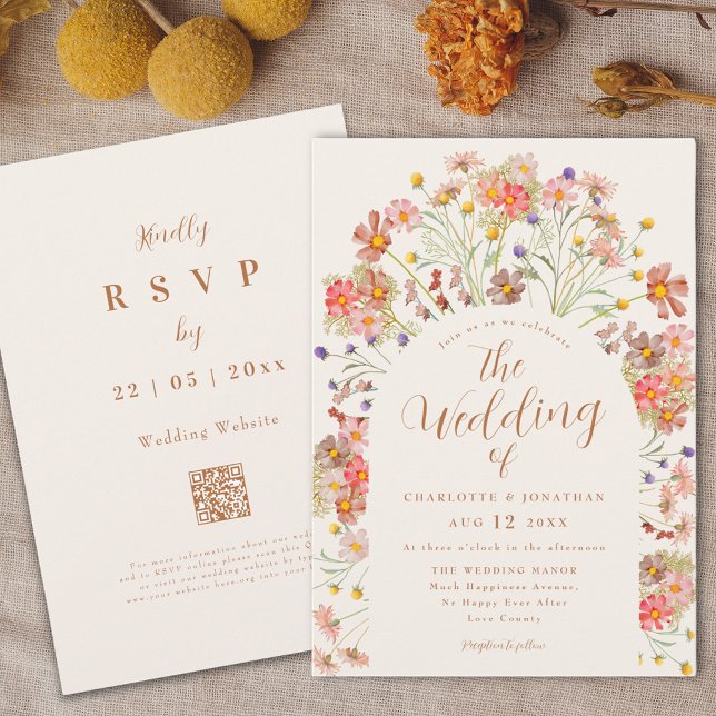 Invitación Boda Bohemio de Otoño con Flores Silvestres (Boho fall Wildflower floral arch elegant script Wedding invitation terracotta burnt orange beige )