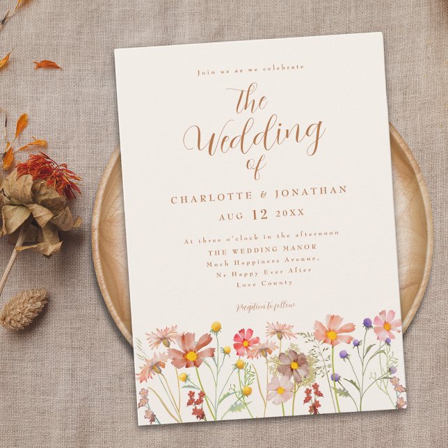 Invitación Boda Bohemio de Otoño con Flores Silvestres (Boho fall Wildflower meadow terracotta burnt orange Wedding invitation with elegant script )