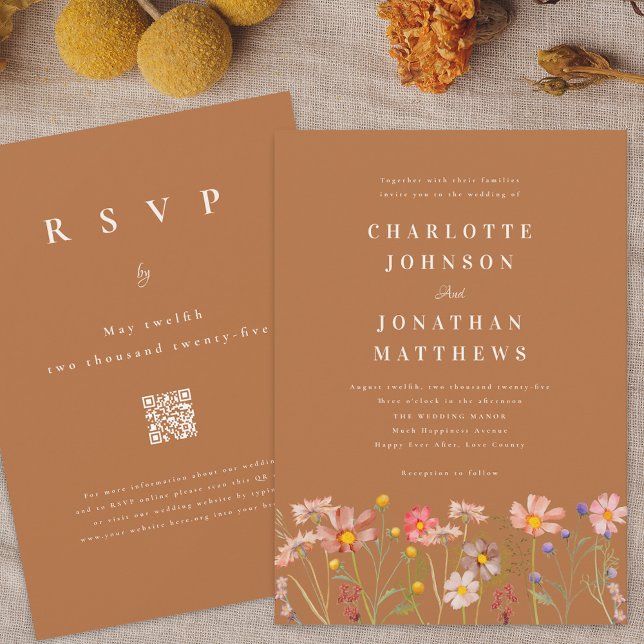 Invitación Boda Bohemio de Otoño con Flores Silvestres (Boho fall Wildflower terracotta Wedding invitation with RSVP online website qr code)