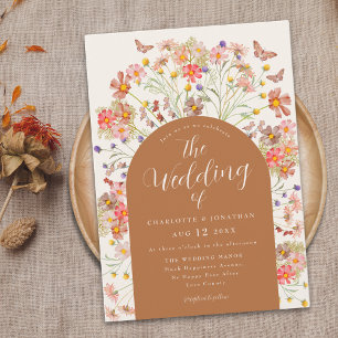 Invitación Boda Bohemio de Otoño con Mariposas y Flores Silve