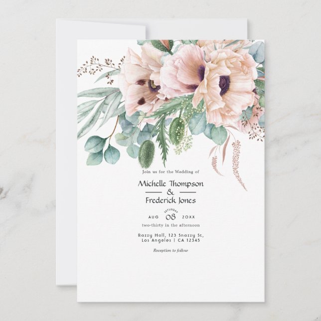 Invitación Boda Bohemio Eucalipto Amapola Rosa (Anverso)