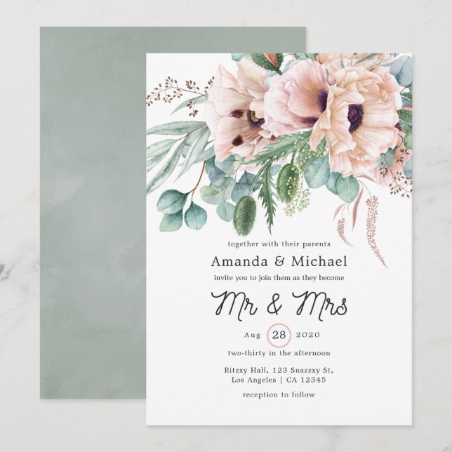 Invitación Boda bohemio eucalipto rosa amapola (Anverso / Reverso)