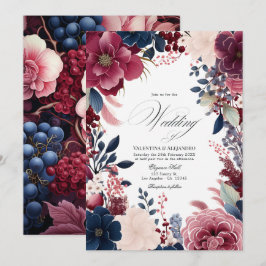 Invitación Boda Bohemio Floral de Vino Tinto, Azul Marino y R