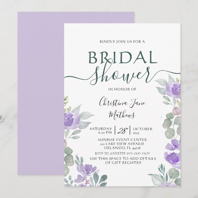 Invitación Boda Bohemio Floral Eucalipto Morado (Anverso / Reverso)