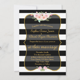 Invitación Boda Bohemio Floral Gold Black Stripes Blanco