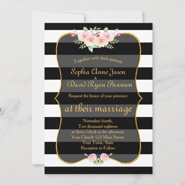 Invitación Boda Bohemio Floral Gold Black Stripes Blanco (Anverso)