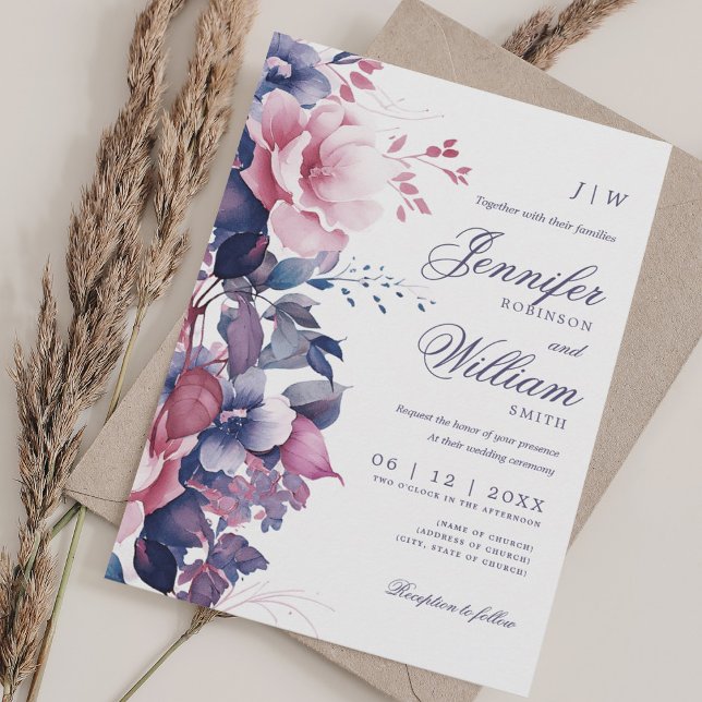 Invitación Boda Bohemio Floral Morado Elegante (Bohemian Floral Purple Wedding Elegant Invitation)