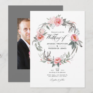 Invitación Boda bohemio floral rosa y gris