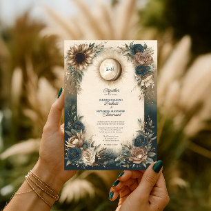Invitación Boda Bohemio Floral Rústica Sol Luna Celestial