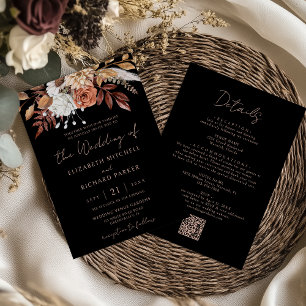 Invitación Boda Bohemio Floral Terracota Negro Todo en Uno