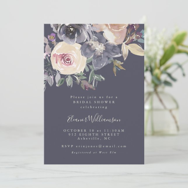 Invitación Boda Bohemio Oscuro Floral Púrpura Script Invitaci (Anverso de pie)