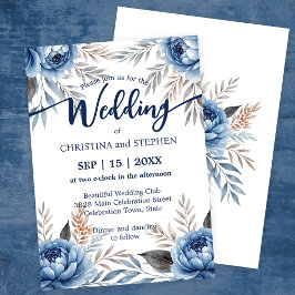 Invitación Boda bohemio romántico azul y gris peonés