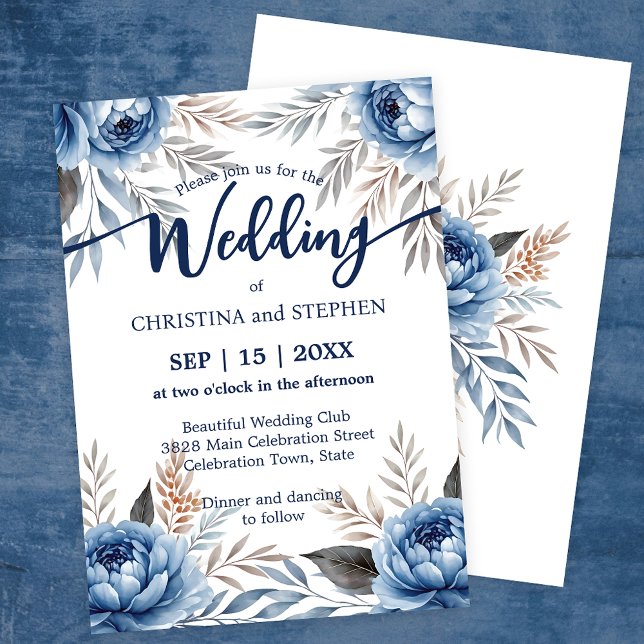 Invitación Boda bohemio romántico azul y gris peonés (Subido por el creador)