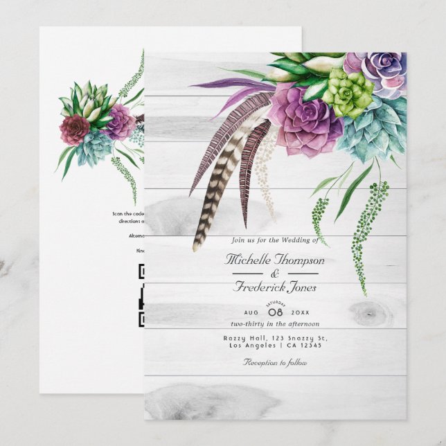 Invitación Boda Bohemio Rústico con Suculentas Código QR RSVP (Anverso / Reverso)