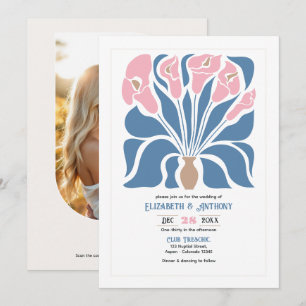 Invitación Boda Boho Abstracta Floral Arcilla Rosa y Denim