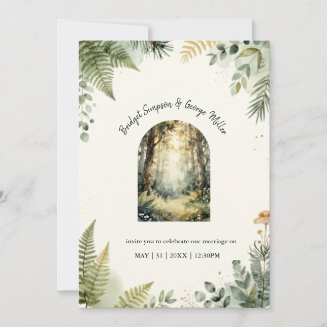 Invitación Boda boho acuarela del bosque encantado verde (Anverso)