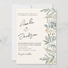 Invitación Boda Boho Acuarela Eucalipto Verde y Marfil