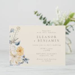 Invitación Boda Boho Acuarela Floral Azul Rústico Amarillo