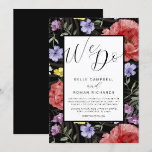 Invitación Boda Boho Acuarela Flores Silvestres Negro y Rojo