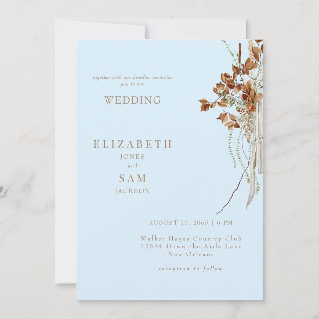 Invitación Boda Boho Álgida Azul Sin Padres Tenues (Anverso)