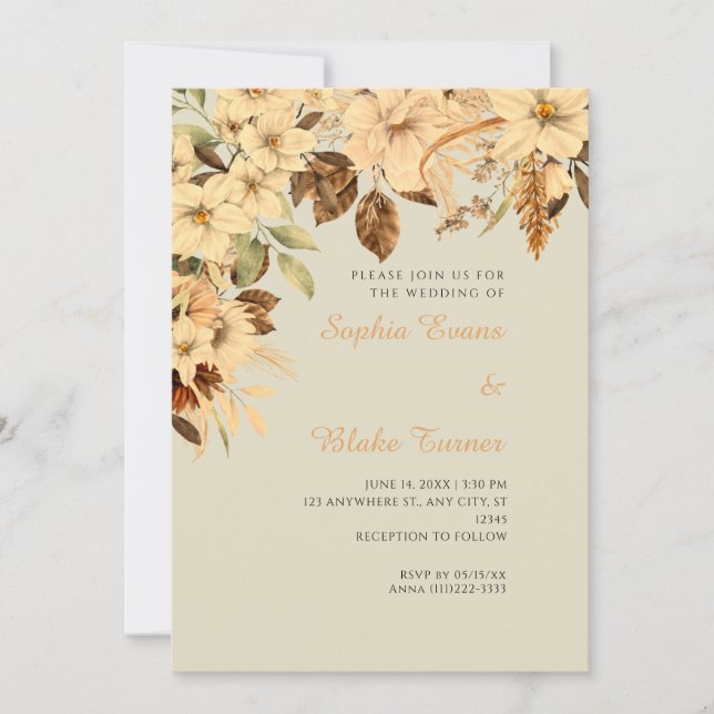 Invitación Boda Boho Amarillo Floral Otoño Bamboo (Anverso)