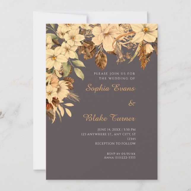 Invitación Boda Boho Amarillo Floral Otoño Gris Ceniza (Anverso)