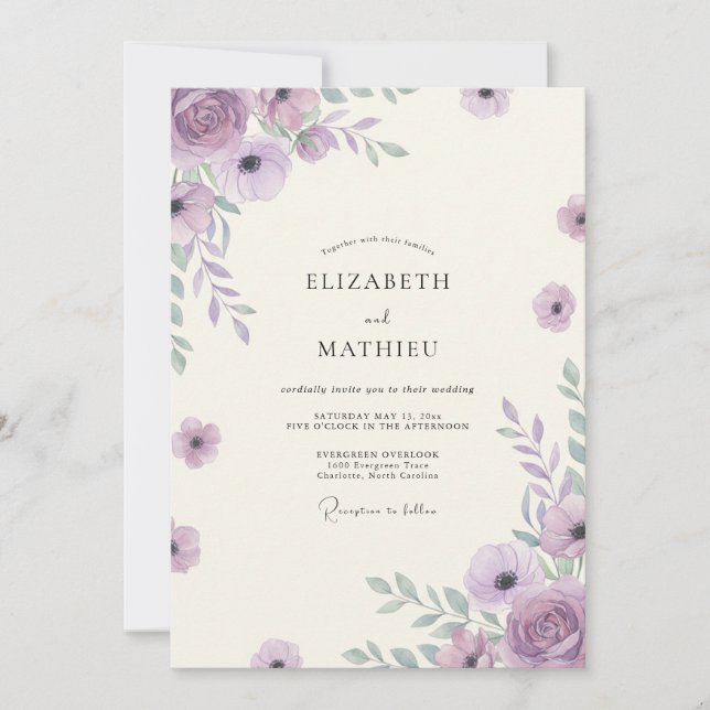 Invitación Boda Boho Amethyst Flor Silvestre (Anverso)