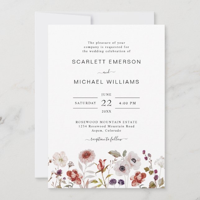 Invitación Boda Boho Aquarela Flores Silvestres (Anverso)
