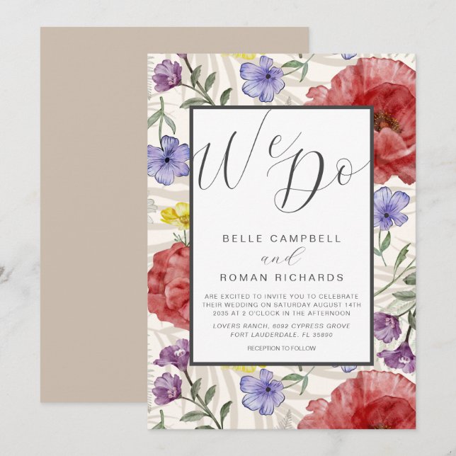 Invitación Boda Boho Aquarela Flores Silvestres Beige (Anverso / Reverso)