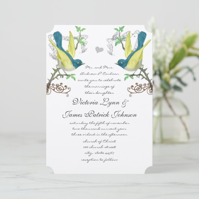 Invitación Boda Boho Arbor de Aves verde azuladas y Amarillas (Anverso de pie)