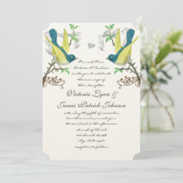 Invitación Boda Boho Arbor de Aves verde azuladas y Amarillas