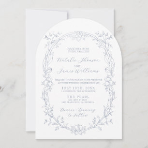 Invitación Boda Boho Arqueada Floral Blanco Azul Polvoriento