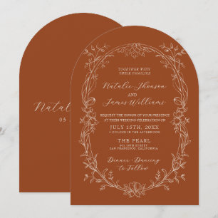 Invitación Boda Boho Arqueada Terracota Floral Naranja Quemad
