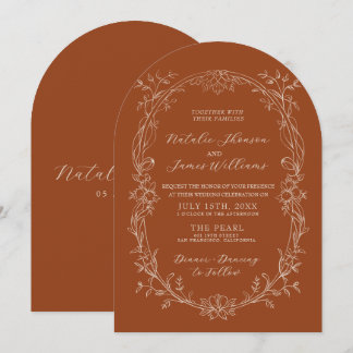 Invitación Boda Boho Arqueada Terracota Floral Naranja Quemad