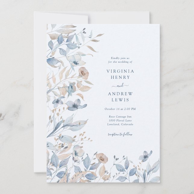 Invitación Boda Boho Azul de Flor Silvestre (Anverso)