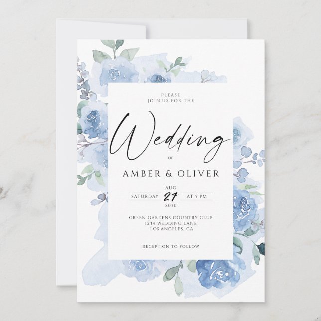 Invitación Boda Boho Azul Elegante Floral Ligero Polvoriento  (Anverso)