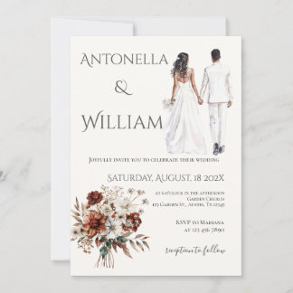 Invitación Boda boho beige con novia y novio
