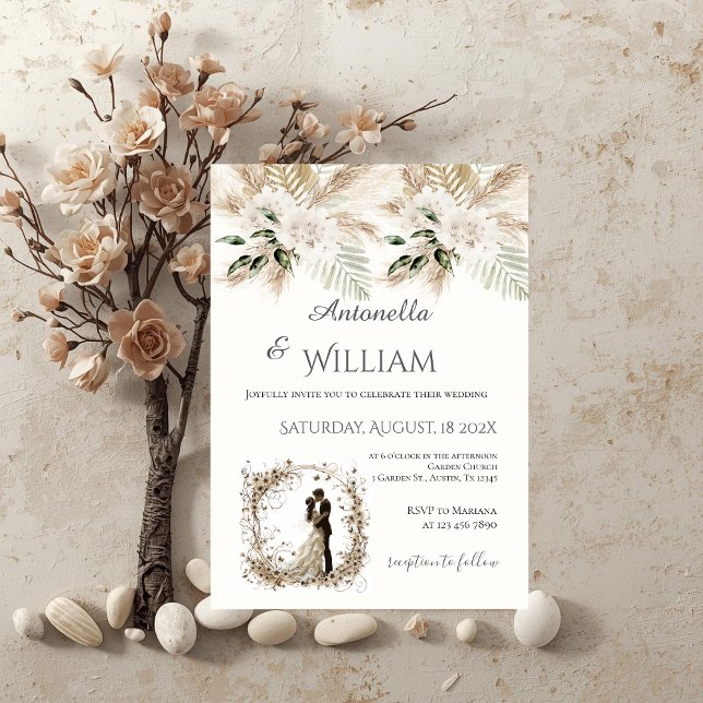 Invitación Boda boho beige con novia y novio (Subido por el creador)