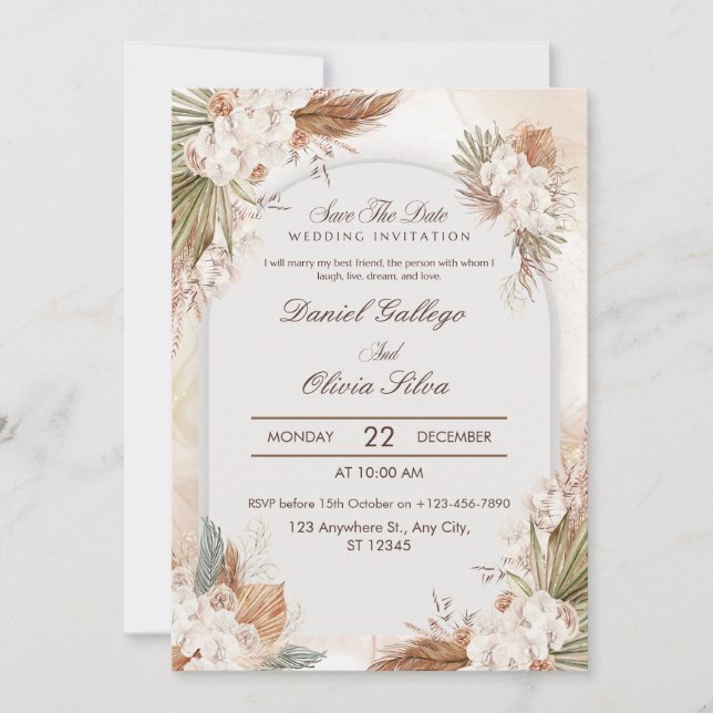 Invitación Boda Boho Beige Floral Crema Todo en Uno  (Anverso)
