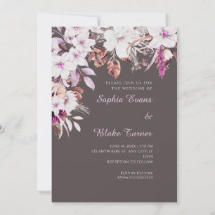 Invitación Boda Boho Blanca y Rosa Floral Otoño Gris Ceniza