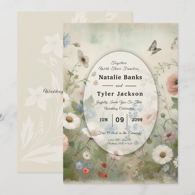 Invitación Boda Boho Blooms y promesas Vintage (Anverso / Reverso)