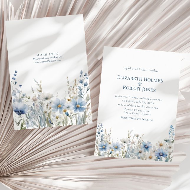 Invitación Boda Boho Blue Watercolor Wildflowers Meadow (Boho Blue Watercolor Wildflowers Meadow Wedding Invitation on a sunny neutral dry palm leaf.)